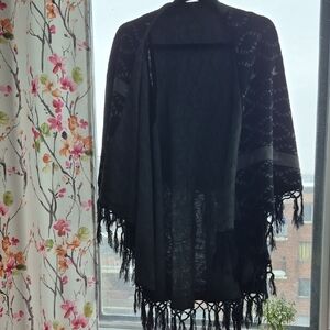 Unique  Stretchy Black Double Fringed Knit Women's Cardigan / Shawl (C38)